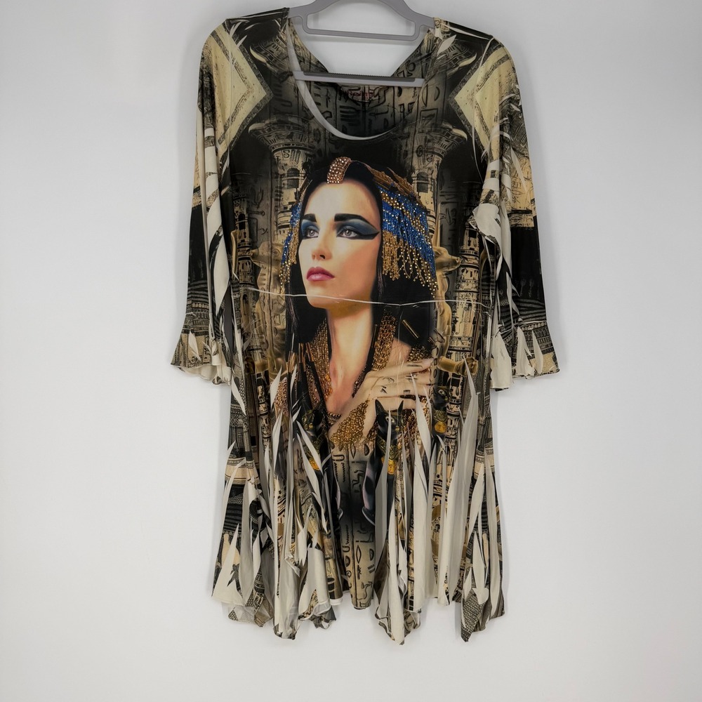 Reina Cleopatra Graphic Tunic Womens XL Brown Rhinestone Art to Wear‎ Y2K Egypt
